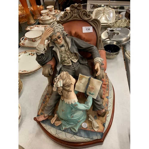 130 - A LARGE CAPODIMONTE FIGURINE OF A YOUNG GIRL READING TO AN ELDERLY GENTLEMAN