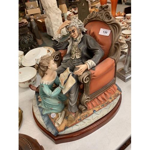 130 - A LARGE CAPODIMONTE FIGURINE OF A YOUNG GIRL READING TO AN ELDERLY GENTLEMAN
