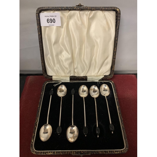 690 - SIX VINTAGE BOXED HALLMARKED SILVER COFFEE BEAN TEASPOONS