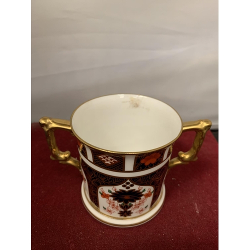 743 - A ROYAL CROWN DERBY TWIN HANDLED CUP 7.5CM TALL