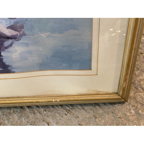 839 - A LARGE FRAMED PRINT OF A MOTHER AND CHILD ON THE SHORELINE (BACK A/F)