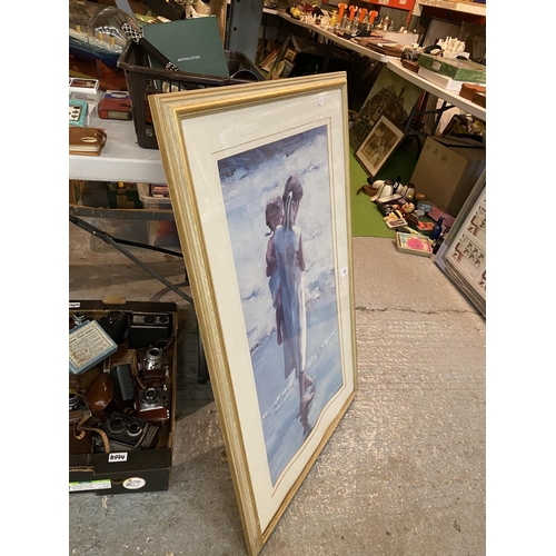 839 - A LARGE FRAMED PRINT OF A MOTHER AND CHILD ON THE SHORELINE (BACK A/F)