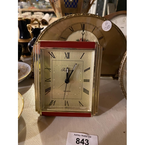 843 - FOUR CLOCKS AND A QUANTITY OF CHINA TO INCLUDE A CAVERSWALL URN