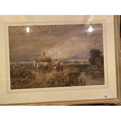 852 - TWO PICTURES ONE BEING A WATER COLOUR IN THE MANNER OF DAVID COX (74CMS HIGH X 56CMS WIDE)