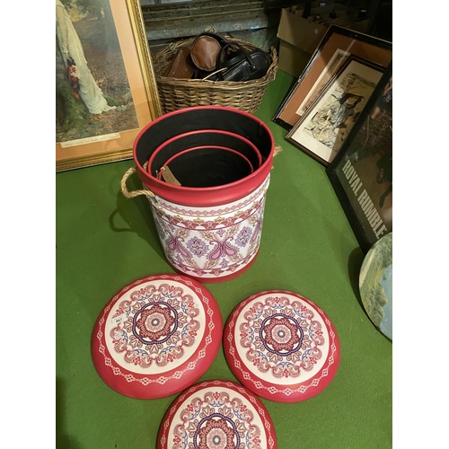 867 - A SET OF THREE GRADUATED PINK PAISLEY LEATHER EFFECT LIDDED STORAGE STOOLS