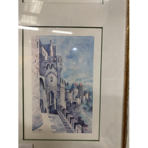 878 - THREE PRINTS DEPICTING CASTLES WITHIN A FRAME