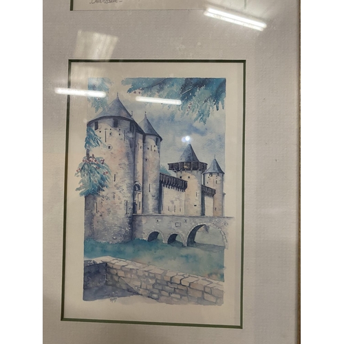 878 - THREE PRINTS DEPICTING CASTLES WITHIN A FRAME