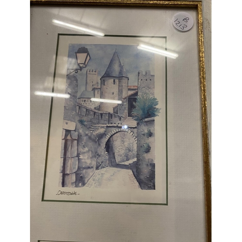 878 - THREE PRINTS DEPICTING CASTLES WITHIN A FRAME