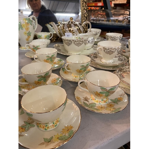 881 - AN ASSORTMENT OF VINTAGE CHINA TEA WARE TO INCLUDE SIX FOLEY TRIOS, A SADLER TEAPOT AND A FURTHER FO... 