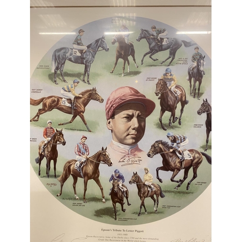 891 - A WOODEN FRAMED AND SIGNED LIMITED EDITION 'EPSOM'S TRIBUTE TO LESTER PIGGOTT' 52/950