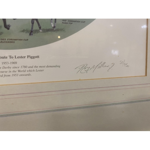 891 - A WOODEN FRAMED AND SIGNED LIMITED EDITION 'EPSOM'S TRIBUTE TO LESTER PIGGOTT' 52/950