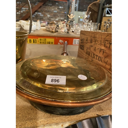 896 - A LARGE BRASS PRESERVING PAN AND A BRASS BEDWARMER