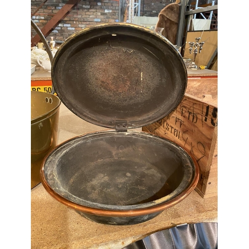 896 - A LARGE BRASS PRESERVING PAN AND A BRASS BEDWARMER