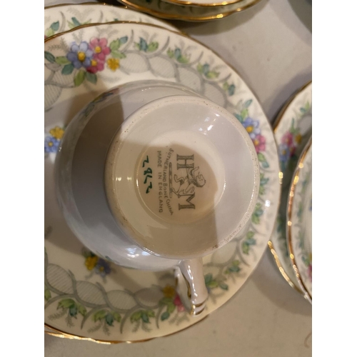 907 - TWELVE H M SUTHERLAND BONE CHINA TRIOS TO INCLUDE A TEA PLATE AND SUGAR BOWL