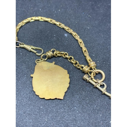 660 - A YELLOW METAL HALF ALBERT WATCH CHAIN WITH A PRESENTAION BOX