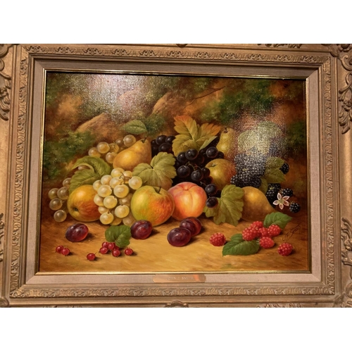 834 - TWO GILT FRAMED SIGNED OIL ON CANVAS COTTAGE SCENE SIGNED BY LES PARSON AND FRUIT SCENE SIGNED BY J ... 