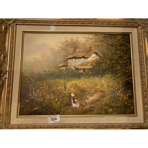 834 - TWO GILT FRAMED SIGNED OIL ON CANVAS COTTAGE SCENE SIGNED BY LES PARSON AND FRUIT SCENE SIGNED BY J ... 