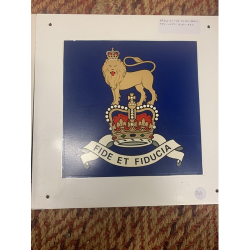 513 - TWO ENAMEL SIGNS, 8TH INFANTRY BRIGADE AND ROYAL ARMY PAY CORPS, 30x30CM (2)