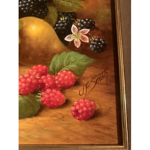 834 - TWO GILT FRAMED SIGNED OIL ON CANVAS COTTAGE SCENE SIGNED BY LES PARSON AND FRUIT SCENE SIGNED BY J ... 