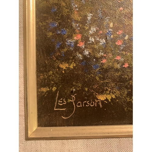 834 - TWO GILT FRAMED SIGNED OIL ON CANVAS COTTAGE SCENE SIGNED BY LES PARSON AND FRUIT SCENE SIGNED BY J ... 