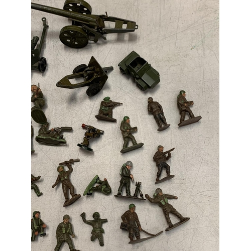 316 - A COLLECTION OF SOLDIERS, ANTI TANK GUNS, SCOUT CAR ETC TO INCLUDE DINKY, BRITAINS ETC