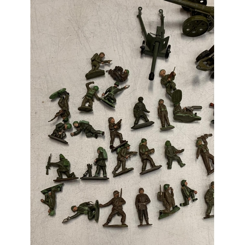 316 - A COLLECTION OF SOLDIERS, ANTI TANK GUNS, SCOUT CAR ETC TO INCLUDE DINKY, BRITAINS ETC