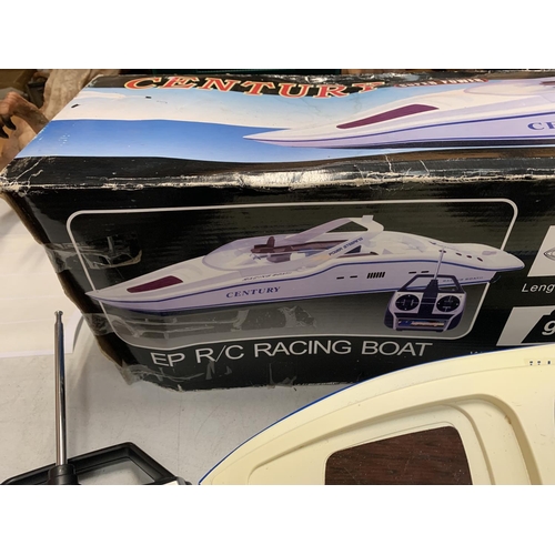 344 - A WICKED CENTURY SUPER POWER RADIO CONTROL RACING BOAT WITH ORIGINAL BOX AND A BOX OF RADIO MODELLER... 