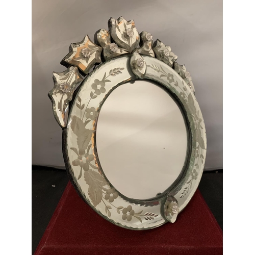 24 - A ROUND DRESSING TABLE MIRROR WITH ETCHED MIRROR FRAME AND ORNATE DECORATION D: 25CM