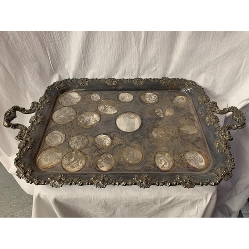 25 - A LARGE ORNATE TWIN HANDLED  SILVER PLATED DRINKS TRAY 45CM X 69CM