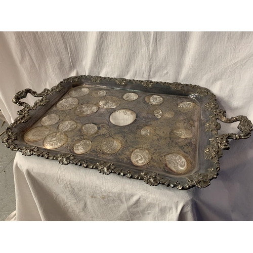 25 - A LARGE ORNATE TWIN HANDLED  SILVER PLATED DRINKS TRAY 45CM X 69CM