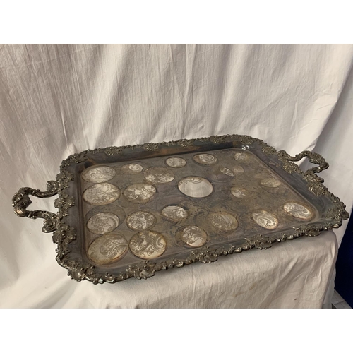 25 - A LARGE ORNATE TWIN HANDLED  SILVER PLATED DRINKS TRAY 45CM X 69CM