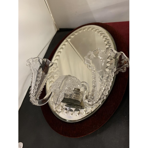 33 - A PAIR OF OVAL MIRRORS WITH VELVET BACKGROUND AND GLASS SCONCE DETAIL (A/F)