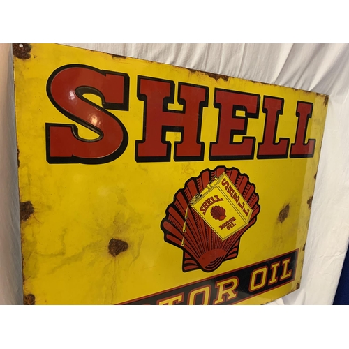 37 - A LARGE METAL ENAMEL 'SHELL MOTOR OIL' SIGN 90CM X 70CM