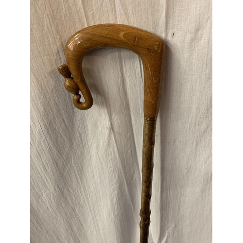 38 - A VINTAGE SHEPHERDS CROOK WITH CARVED THISTLE DETAIL