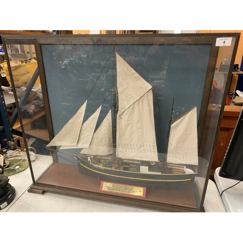 4 - A GLASS CASED WEST COUNTRY KETCH 'MOUNT CARMEL' WITH BRASS INSCRIPTION 18CM X 67CM X 74CM