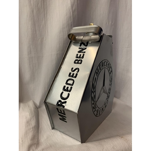 41 - A SILVER 'MERCEDES BENZ' PETROL CAN WITH BRASS LID