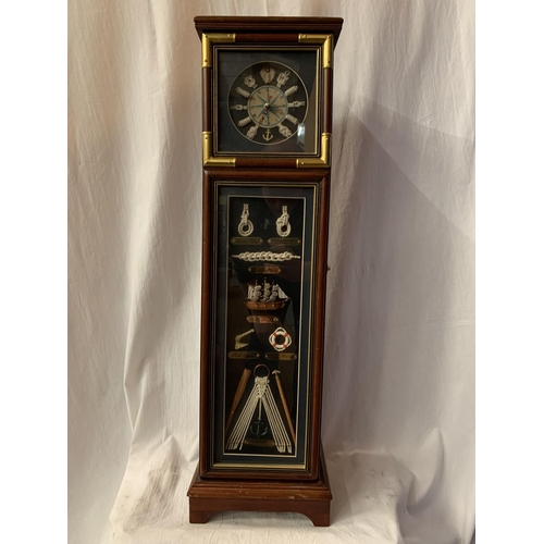 48 - A TALL NAUTICAL CLOCK INCORPORATING FIVE INTERNAL SHELVES AND A COMPASS H: 80CM