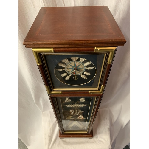 48 - A TALL NAUTICAL CLOCK INCORPORATING FIVE INTERNAL SHELVES AND A COMPASS H: 80CM