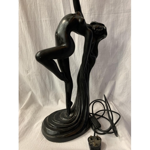 49 - A SPELTER TABLE LAMP IN THE FORM OF A NUDE H:WITH GLASS SHADE 79CM (REPAIR TO HAND)