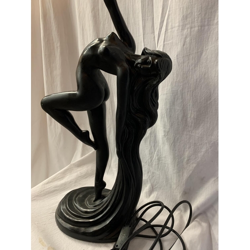 49 - A SPELTER TABLE LAMP IN THE FORM OF A NUDE H:WITH GLASS SHADE 79CM (REPAIR TO HAND)