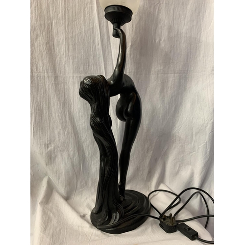 49 - A SPELTER TABLE LAMP IN THE FORM OF A NUDE H:WITH GLASS SHADE 79CM (REPAIR TO HAND)