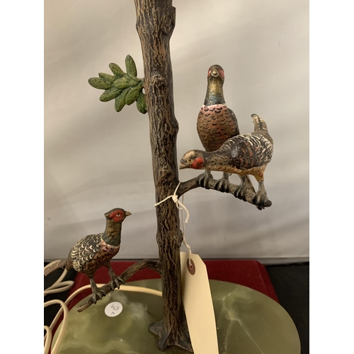 7 - AN AUSTRIAN COLD PAINTED BRONZE TABLE LAMP WITH THREE PHEASANTS C.1920S H: 44CM