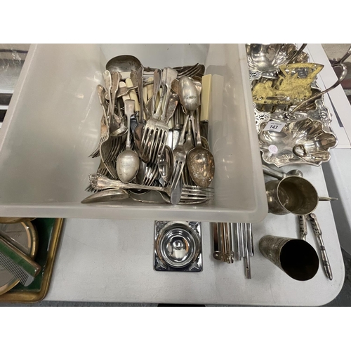 143 - A QUANTITY OF SILVER PLATE ITEMS TO INCLUDE A MUSIC STAND NUT CRACKER AND FLATWARE ETC