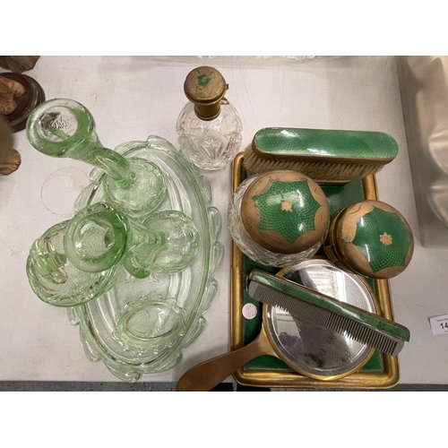 144 - A QUANTITY OF DRESSING TABLE ITEMS WITH A GREEN THEME