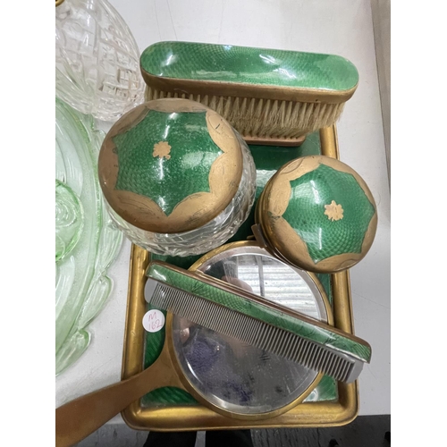 144 - A QUANTITY OF DRESSING TABLE ITEMS WITH A GREEN THEME