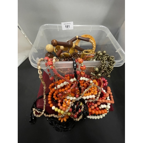 181 - A PLASTIC CONTAINER OF COSTUME JEWELLERY TO INCLUDE MAINLY NECKLACES