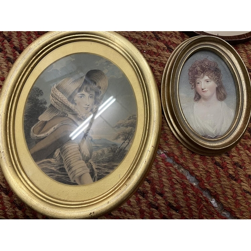 193 - FOUR OVAL FRAMED PORTRAIT PICTURES ONE BEING IN ORNATE GILT FRAME