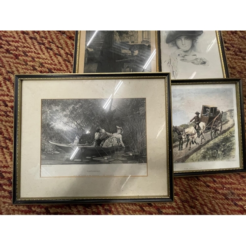 194 - SEVEN BLACK AND GILT FRAMED PICTURES DEPICTING VARIOUS SCENES