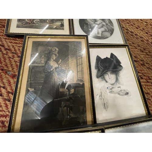 194 - SEVEN BLACK AND GILT FRAMED PICTURES DEPICTING VARIOUS SCENES