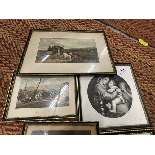 194 - SEVEN BLACK AND GILT FRAMED PICTURES DEPICTING VARIOUS SCENES